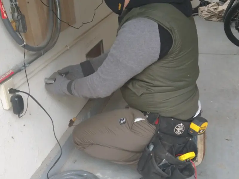 Electrician performing outlet wiring in a West Monroe garage